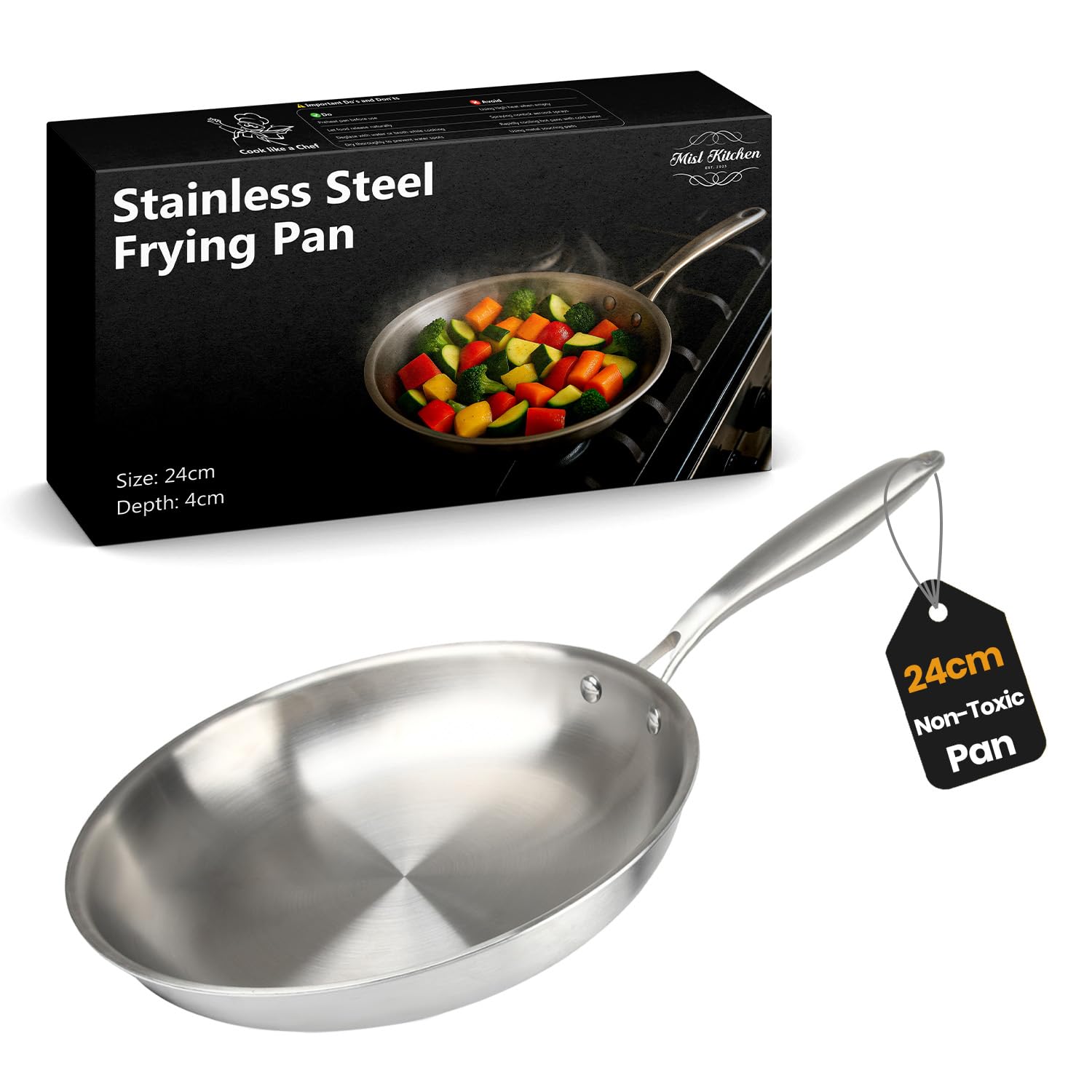 MISL HOME Stainless Steel Frying Pan – Triple-Layer Frying Pans - Pan for Induction, Gas, Oven Safe – Heavy Duty Steel Frying Pan - Firm Handle (24 cm)