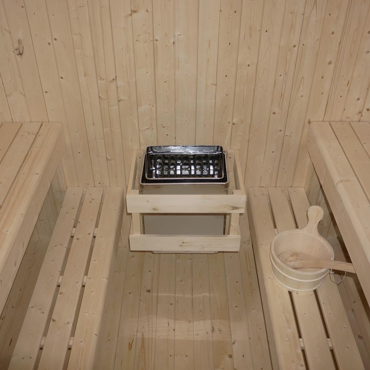 Outdoor Cubesauna Holz Sauna Finnland 228x180 cm – Gartensauna Komplett Set für 6 Personen mit 9 kW Saunaofen, LED Licht, Saunazubehör & Bitumen Dachschindeln