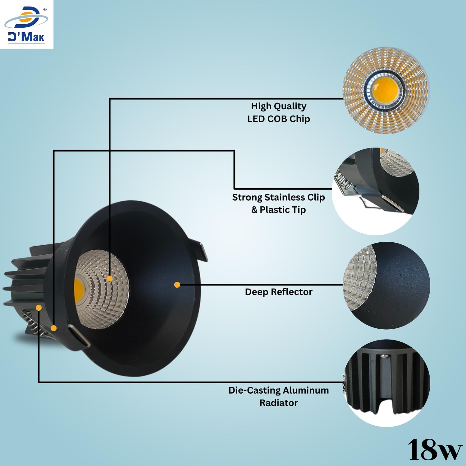 D'Mak 18W Black Body LED Deep COB Light | Recessed LED Ceiling Light for Indoor Lighting (3in1, Pack of 5) 2