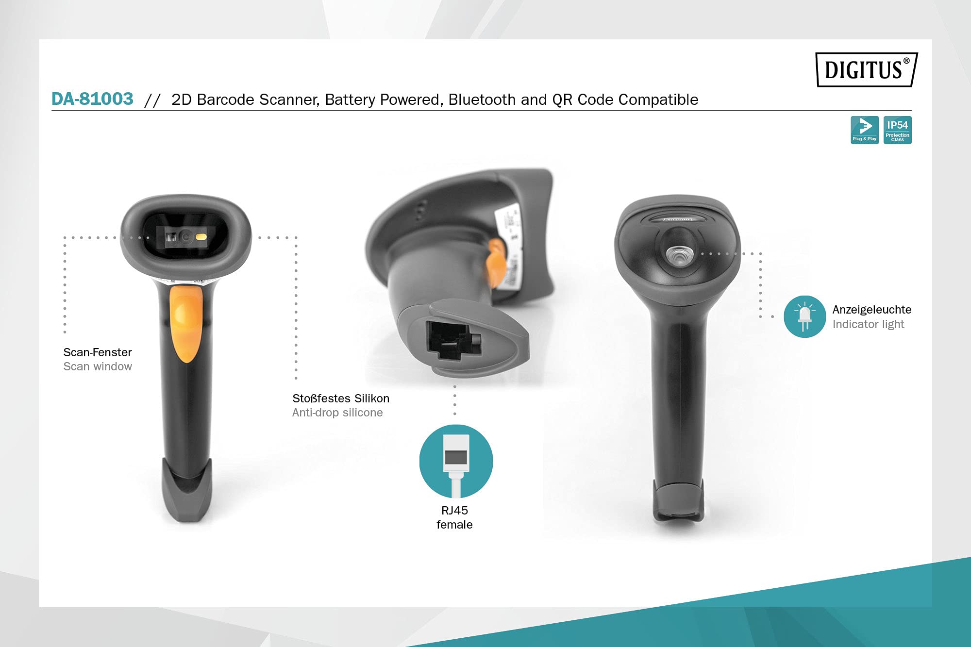 DIGITUS Scanner di codici a barre 2D con Bluetooth - IP54 - Batteria da 2000 mAh - Portata: 12 m - Tempo di funzionamento: 18h - Larghezza di scansione: 10 cm - Per codici a barre e QR - Nero/Grigio