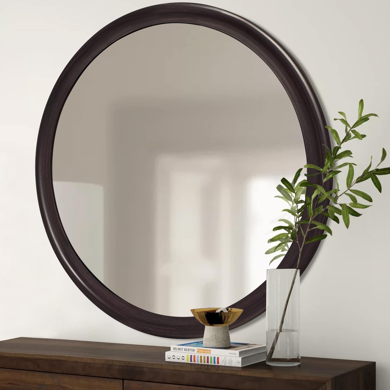 CULER Round Wall Mirrors 30 Inch,Wood Rustic Decorative Transitional Mirror with Walnut Frame for Wall,Farmhouse Hanging Vanity Mirror for Bathroom Bedroom Living Room or Entryway (Walnut Brown)