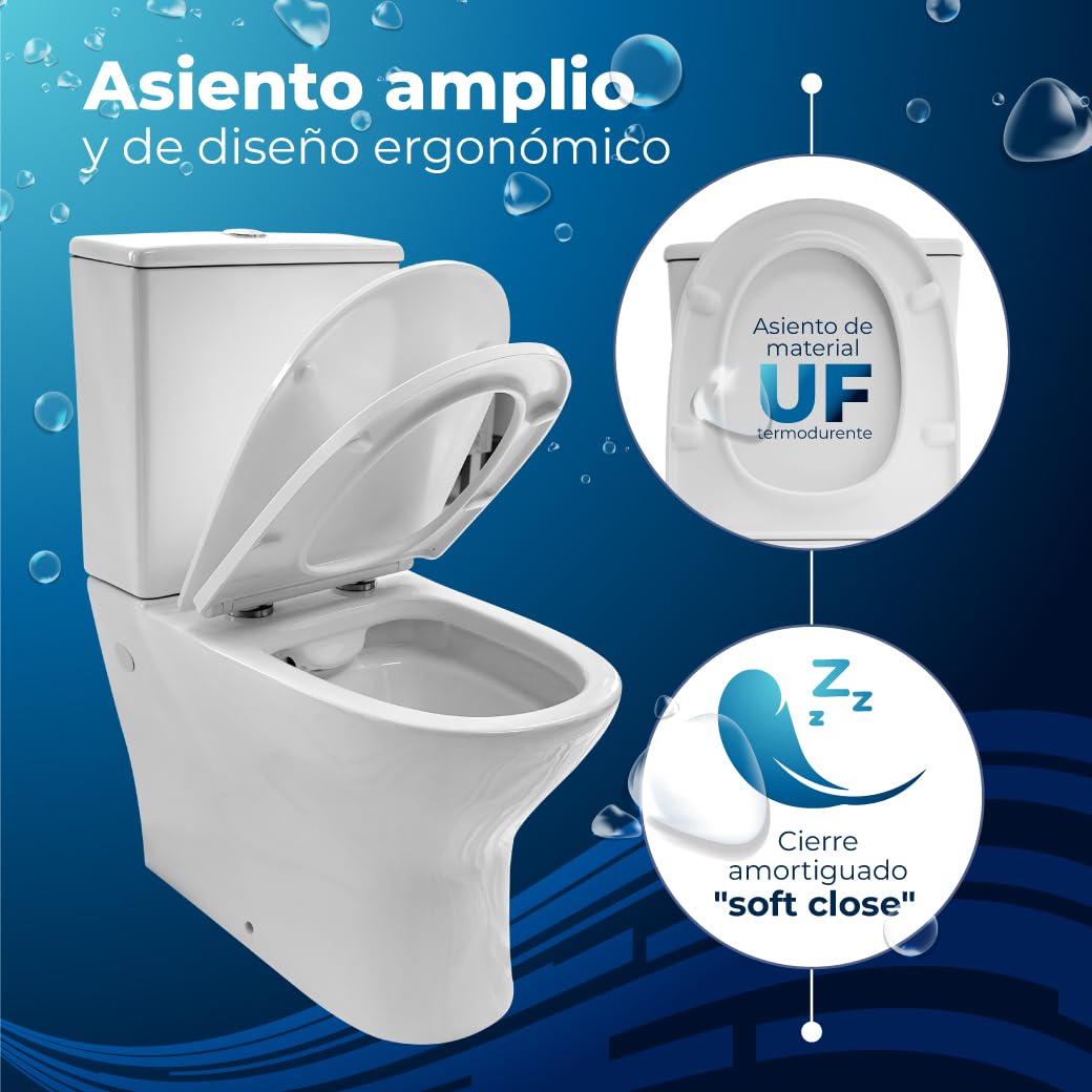 Inodoro Completo - WC Inodoro Completo con Sistema Rimless Antibacterias - Vater Baño con Tapa UF Termodurente Amortiguada - Inodoro Salida Dual Eficiente con Ahorro de Agua - WC para Hogar Blanco