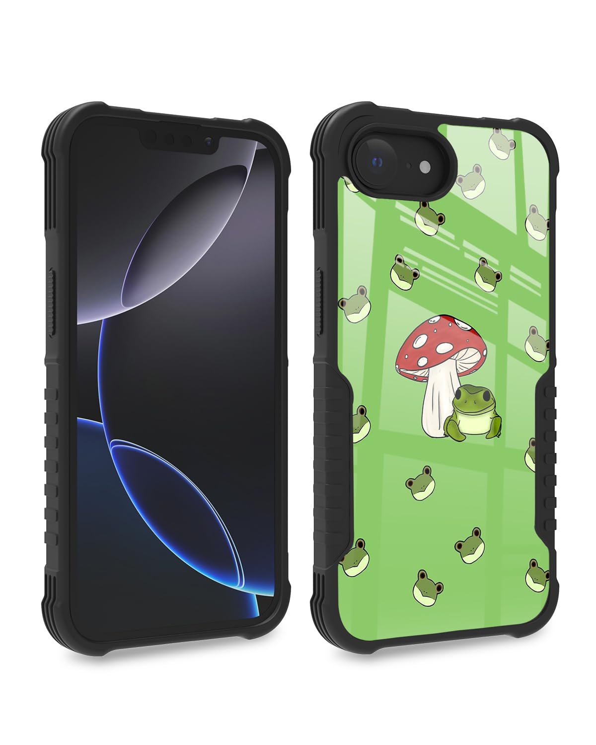 Compatible with iPhone 16E Case Kawaii Cute Frog Mushroom Aesthetic Design, Full Body Rugged Shockproof Anti-Scratch Hard PC Back TPU Bumper Drop