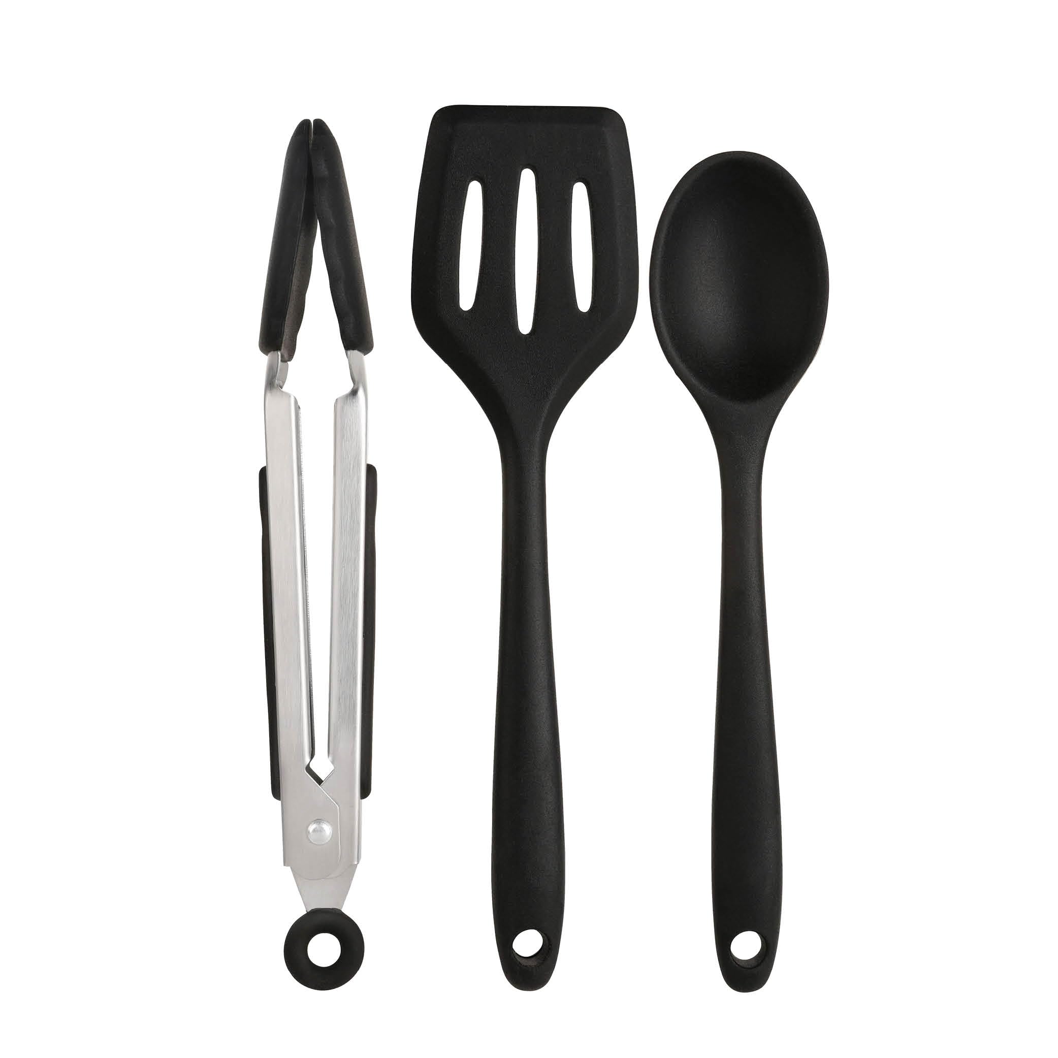 Wiltshire Silicone Mini Kitchen Tongs, Serving Spoon & Turner Set of 3, Cooking Spoon Serving Tongs & Spatula, Salad Tongs Stainless Steel, Heat-Resistant, Non-Stick, Non-Scratch, Midnight Black
