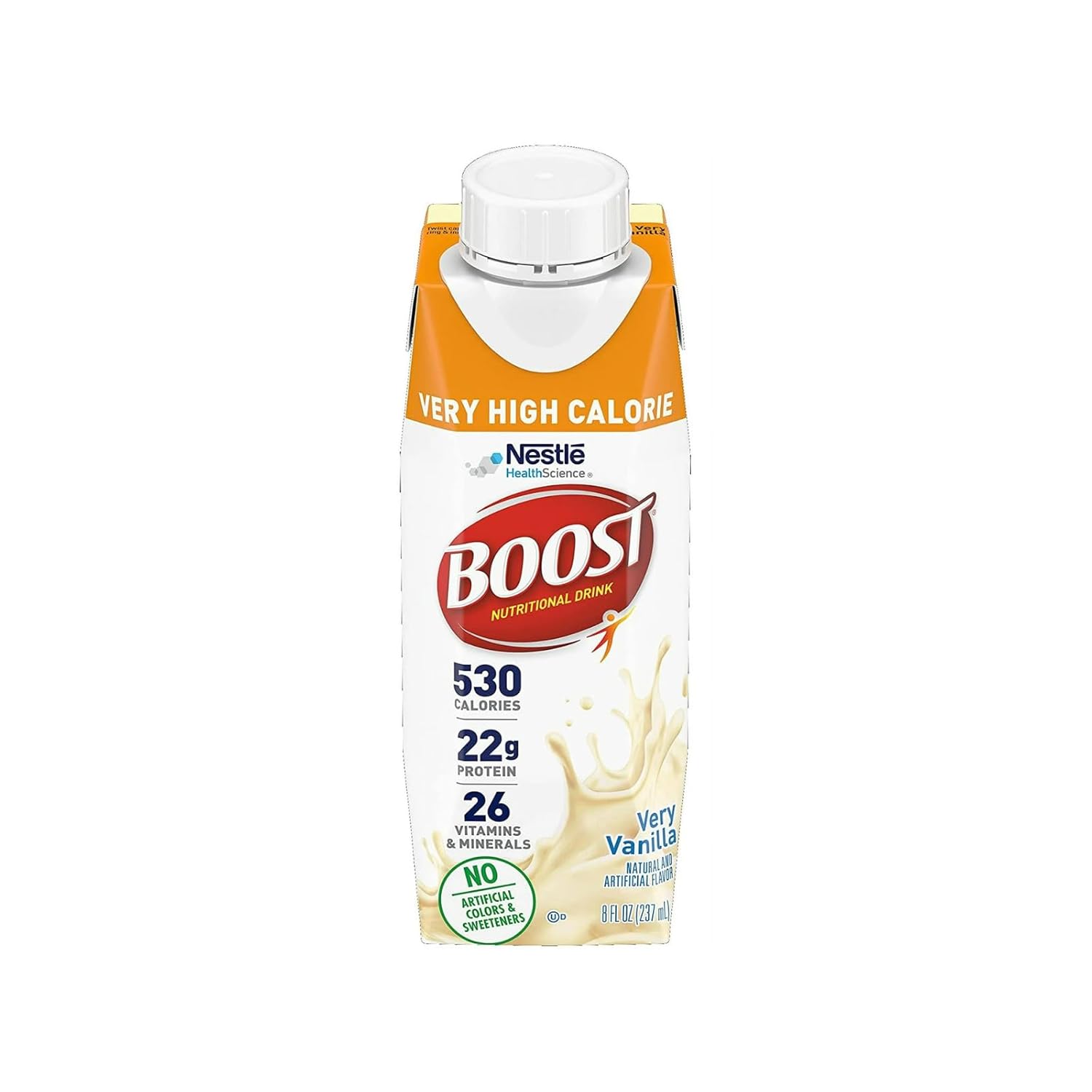 Boost Very High Calorie Nutritional Drink Very Vanilla, Made with Natural Vanilla Flavor & No Artificial Flavors, Colors & Sweeteners, 8 FL OZ (Pack of 12)