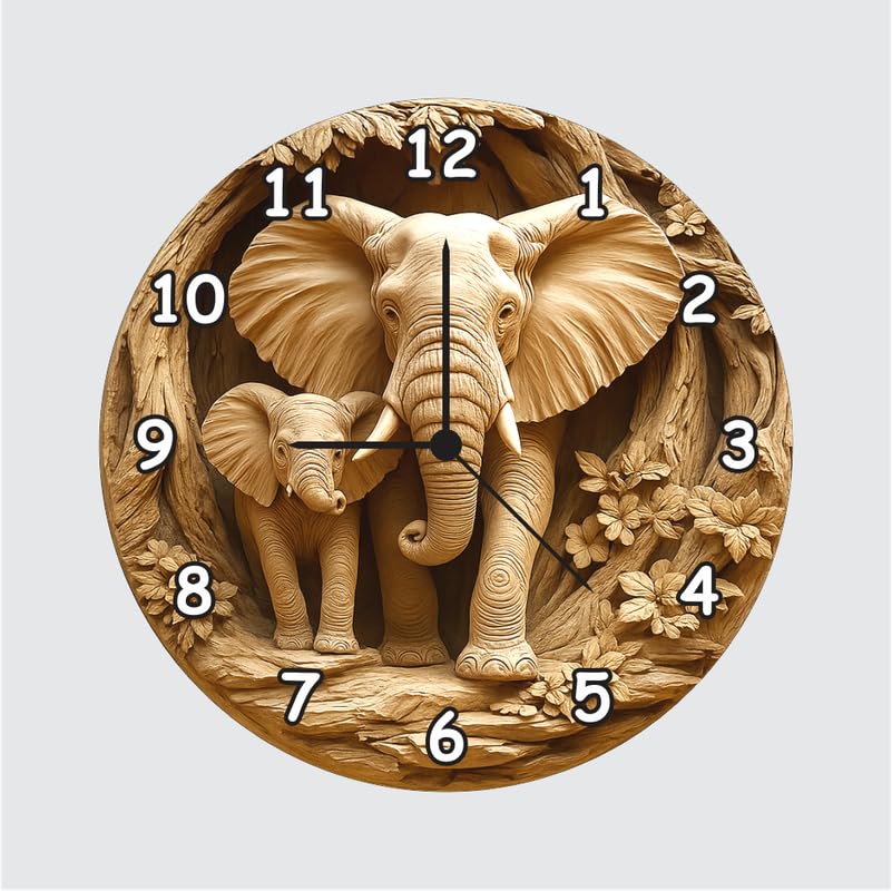 3D Wooden Elephant Wall Clock 12 Inch Round Clock – Wildlife & Nature Design for Living Room & Office Decor-image-16