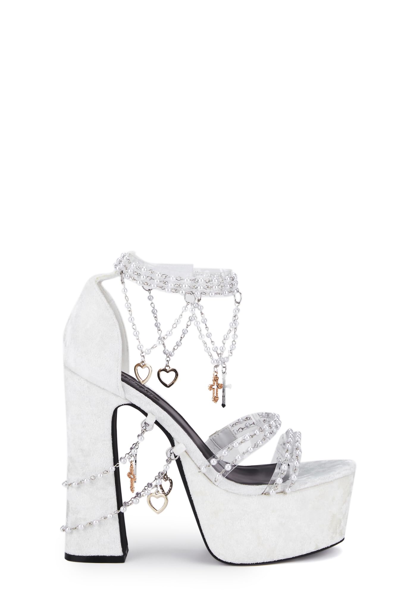 Dolls Kill Holy Revelation Platform Heels by Sugar Thrillz, Velvet Heels with Pearl Beads & Adjustable Straps