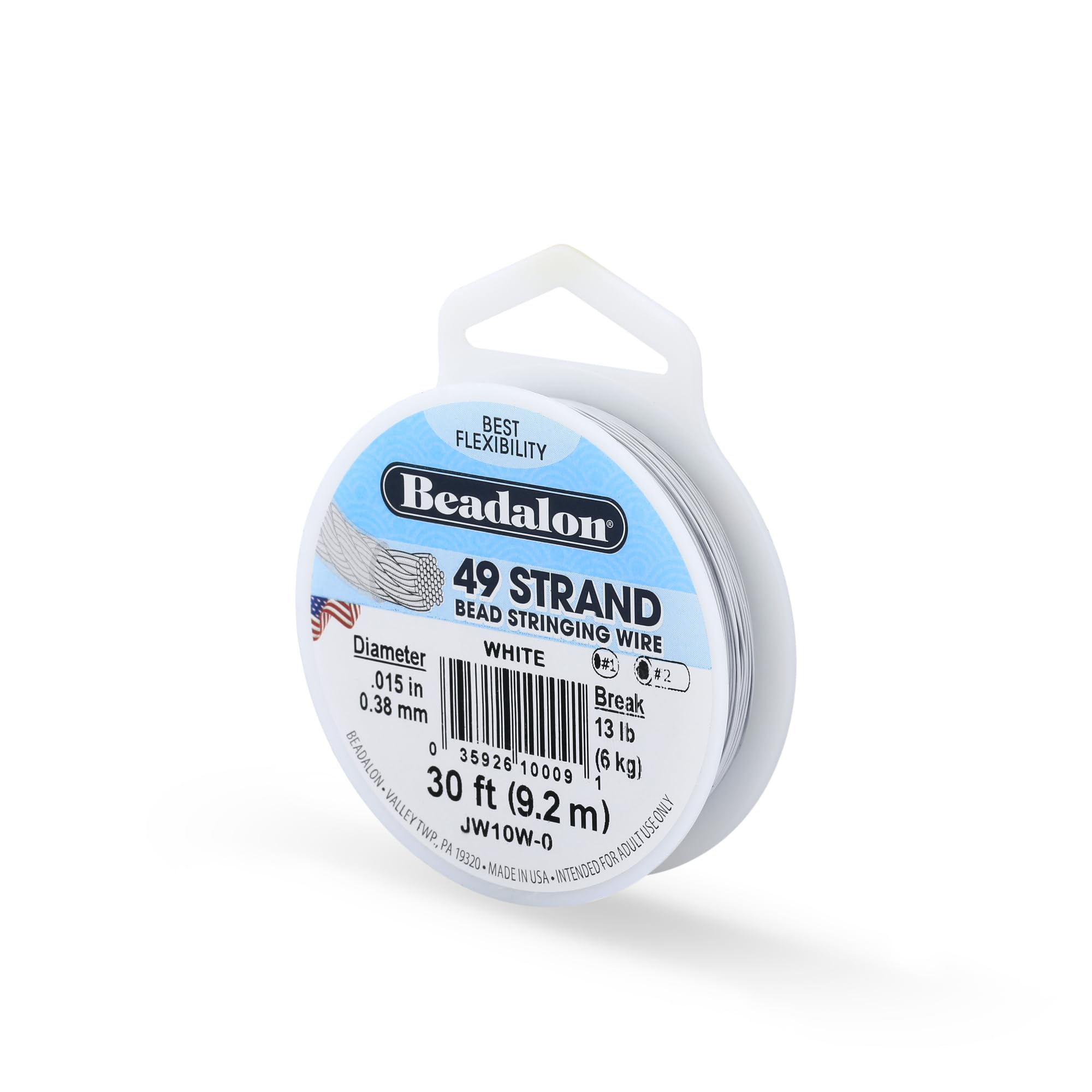 Beadalon 49 Strand Stainless Steel Bead Stringing Wire, .015 in / 0.38 mm, White, 30 ft / 9.2 m