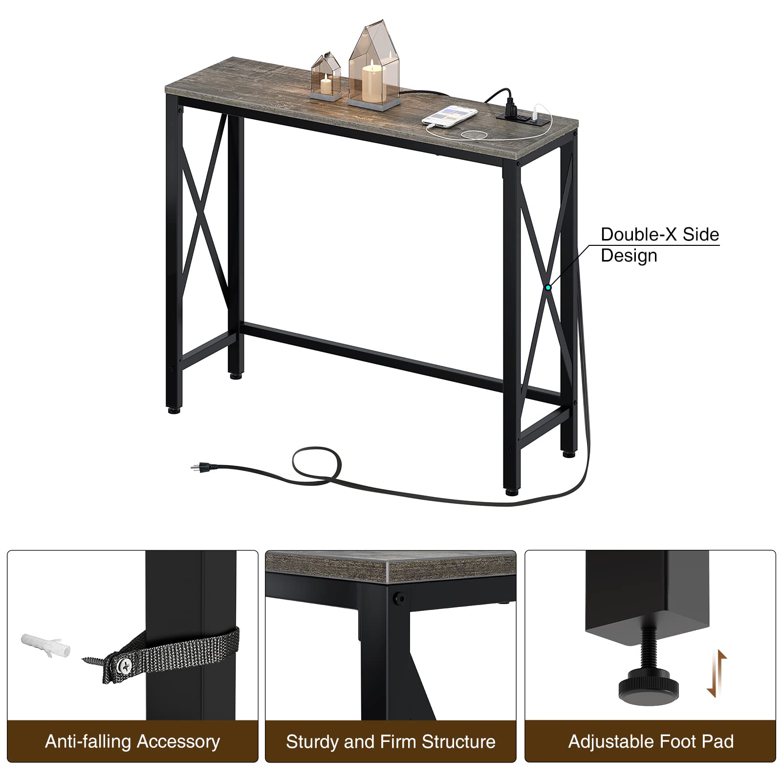 (((does not contain the usb cable )) Rolanstar Console Table with Power Outlet, Narrow Sofa Table, 39” Farmhouse Table Behind Sofa Couch Hallway Entrance for Living Room, Entryway, Foyer, with Metal Frame and Adjustable Feet,Gray