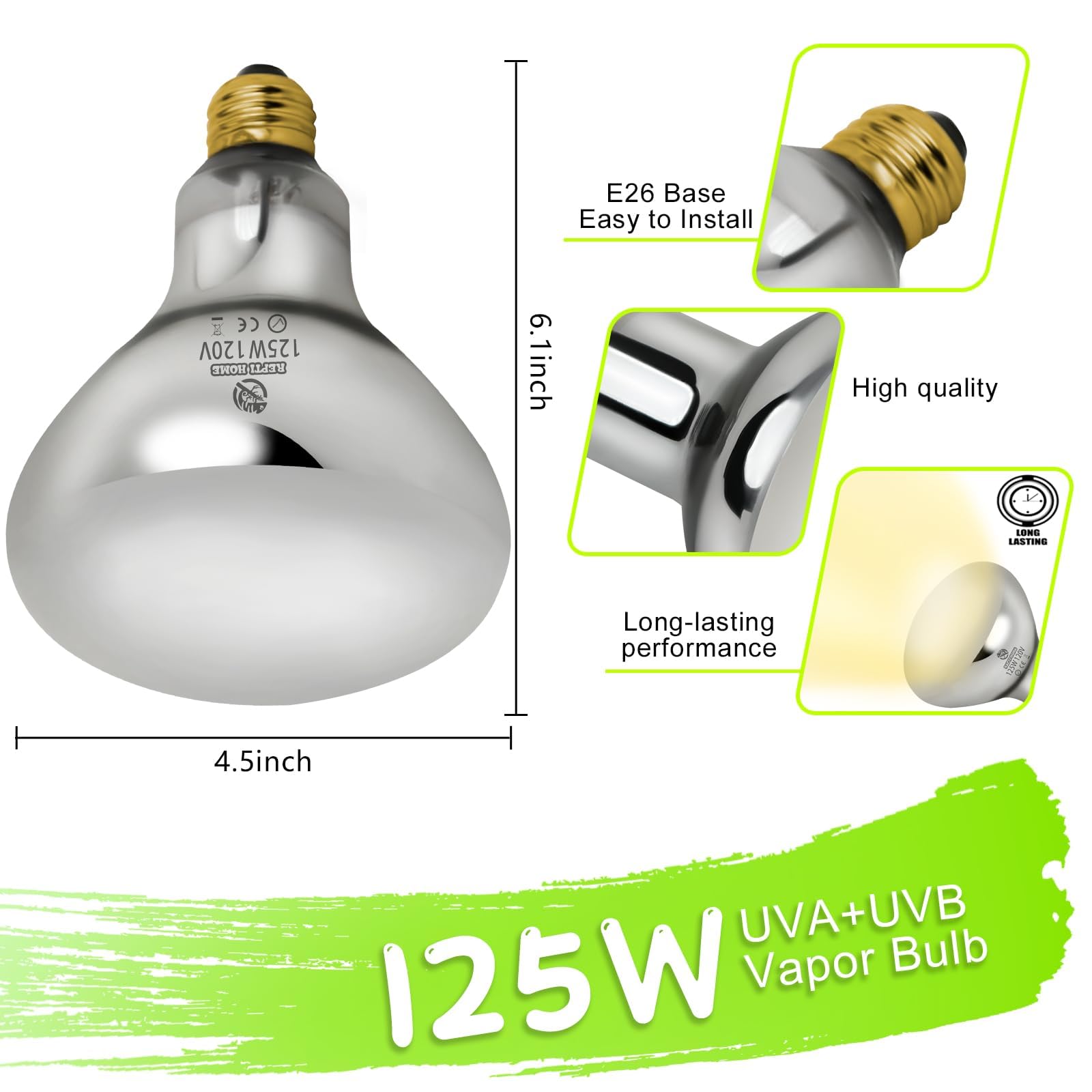 125W Reptile Heat Lamp Bulb - UVA UVB Full Spectrum Sun Light, Self-Ballasted Mercury Vapor Bulb For Lizards, Turtles, Bearded Dragons