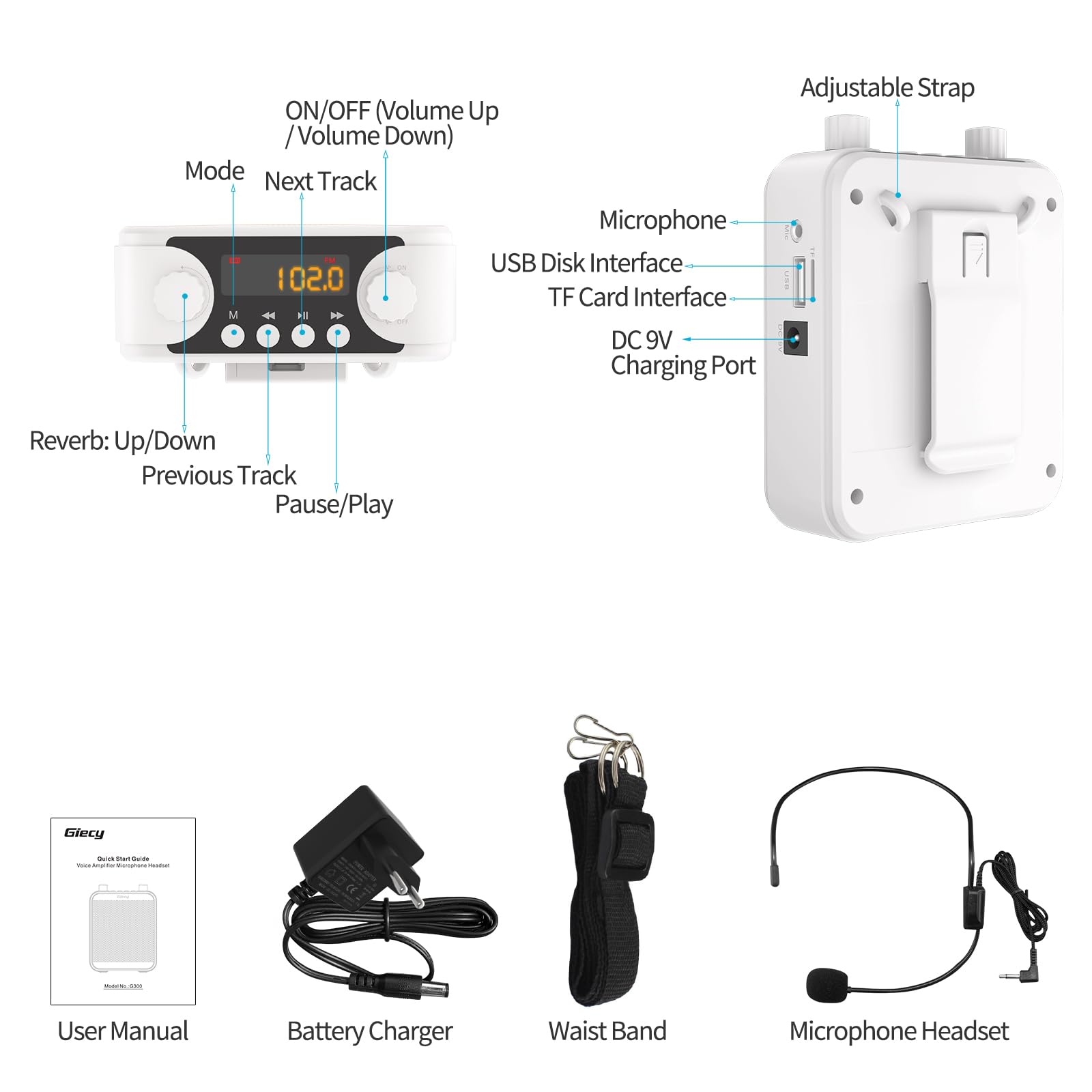 Amplificatore vocale portatile con microfono Batteria ricaricabile 2800mah Sistema PA per insegnanti, guida turistica, allenatori, presentatori(Bianco)