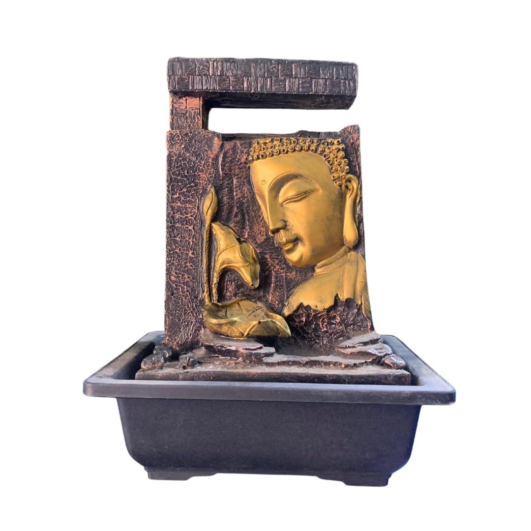 Indoor Waterfall Fountain for Home, Water Fountain for Home Decor, Table Fountain with Buddha Face, Fibreglass, Set of 1 (30.48 x 17.78 cm) (Golden and Brown)-image-49