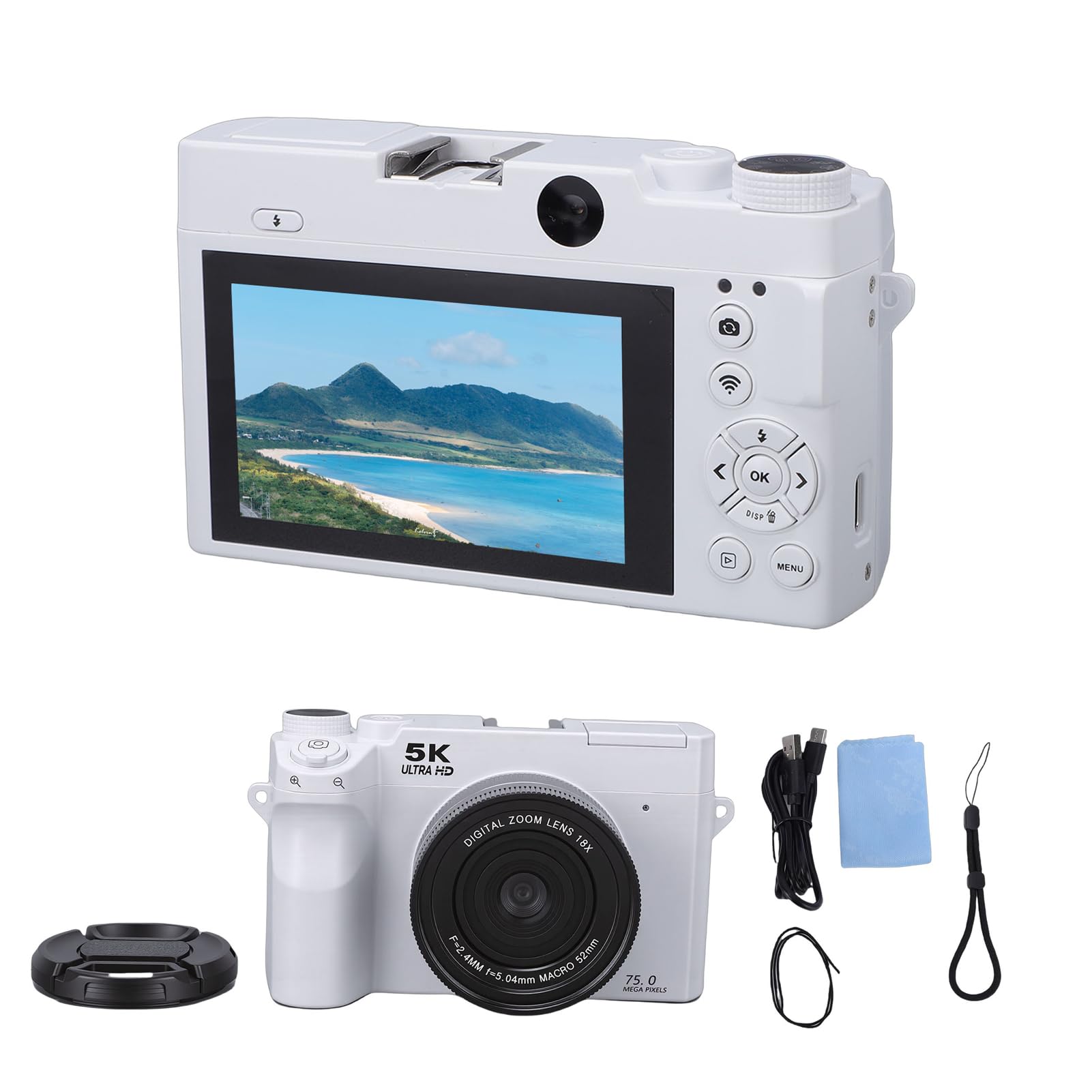 5k wifi digital camera, 75mp 18x zoom dual lens vlogging camera with fill light, 8 modes & microphone, for selfie home photography (white)