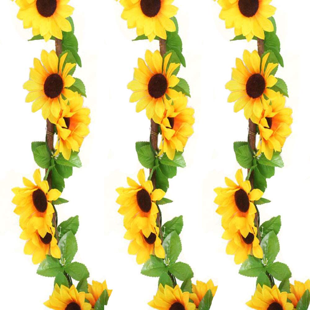 JINXM 3 Pcs Artificial Sunflower Vine 8.5 FT, Artificial Silk Flower Garland Wreath Hanging Garland with Green Leaves Fake Hanging Plants Decoration