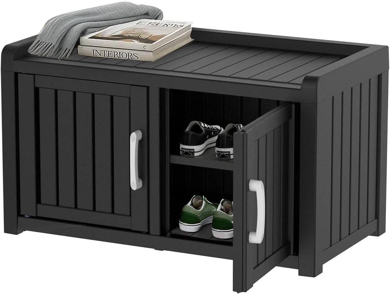 ROJIK Shoe Cabinet Waterproof UV-Resistant,Storage Bench Indoor Outdoor with Adjustable Shelves,for Entryway Bedroom,Hallway,Living Room(Double Door,Black)