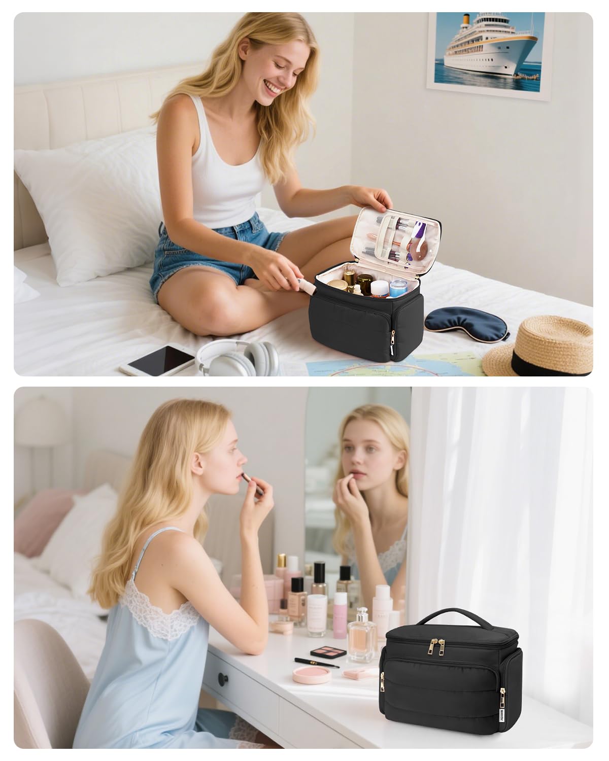 WANDF Neceser de Viaje Grande, Bolso de Maquillaje de Apertura Amplia con Asa, Bolso Cosmético Hinchado para Toallas, Cosméticos, Accesorios y Elementos Esenciales para Mujeres