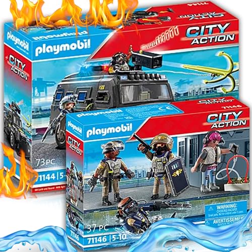 PLAYMOBIL 71144 SWAT-Geländefahrzeug 71146 SWAT-Figurenset – Actionreiches Polizei-Team für spannende Einsätze, mit robustem Einsatzwagen, SWAT-Spezialfiguren und realistischem Zubehör