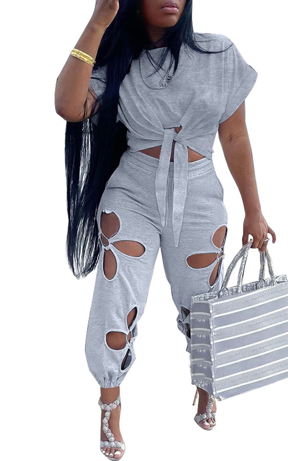 KEYUFANG Women 2 Piece Outfits Set Casual Crop Top Shirt Hollowed Out Sweatpants Women Fashion Tracksuit