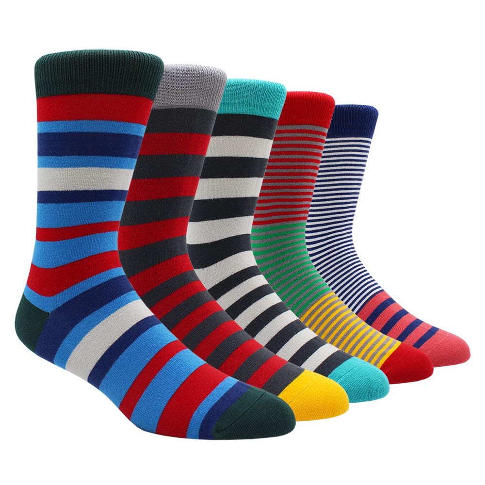 TOEJYJ Mens Fun Dress Socks, Pattern Funny Casual Socks Pack, Colorful Striped Cotton Novelty Socks Size 10-13