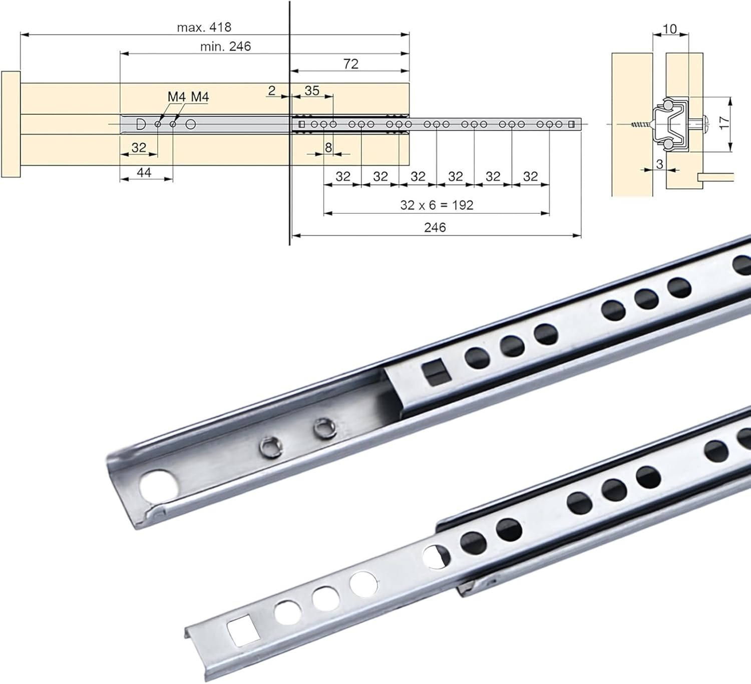 Metal Ball Drawer Rails, Sliding Drawer Rails, Drawer Rails and Runners, Sliding Drawer Rail, Partial Removal for Furniture, Simple to Assemble, Galvanised Steel (278mm)