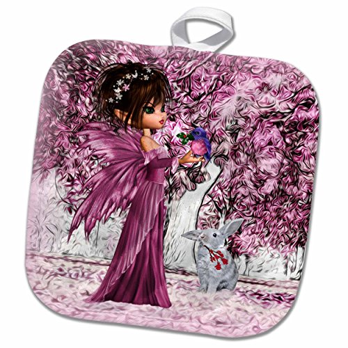 3D Rose PHL_218898_1 Pink Woodland Fairy Enchanted Forest with a Snow Bunny Pot Holder, White, 8 by 8