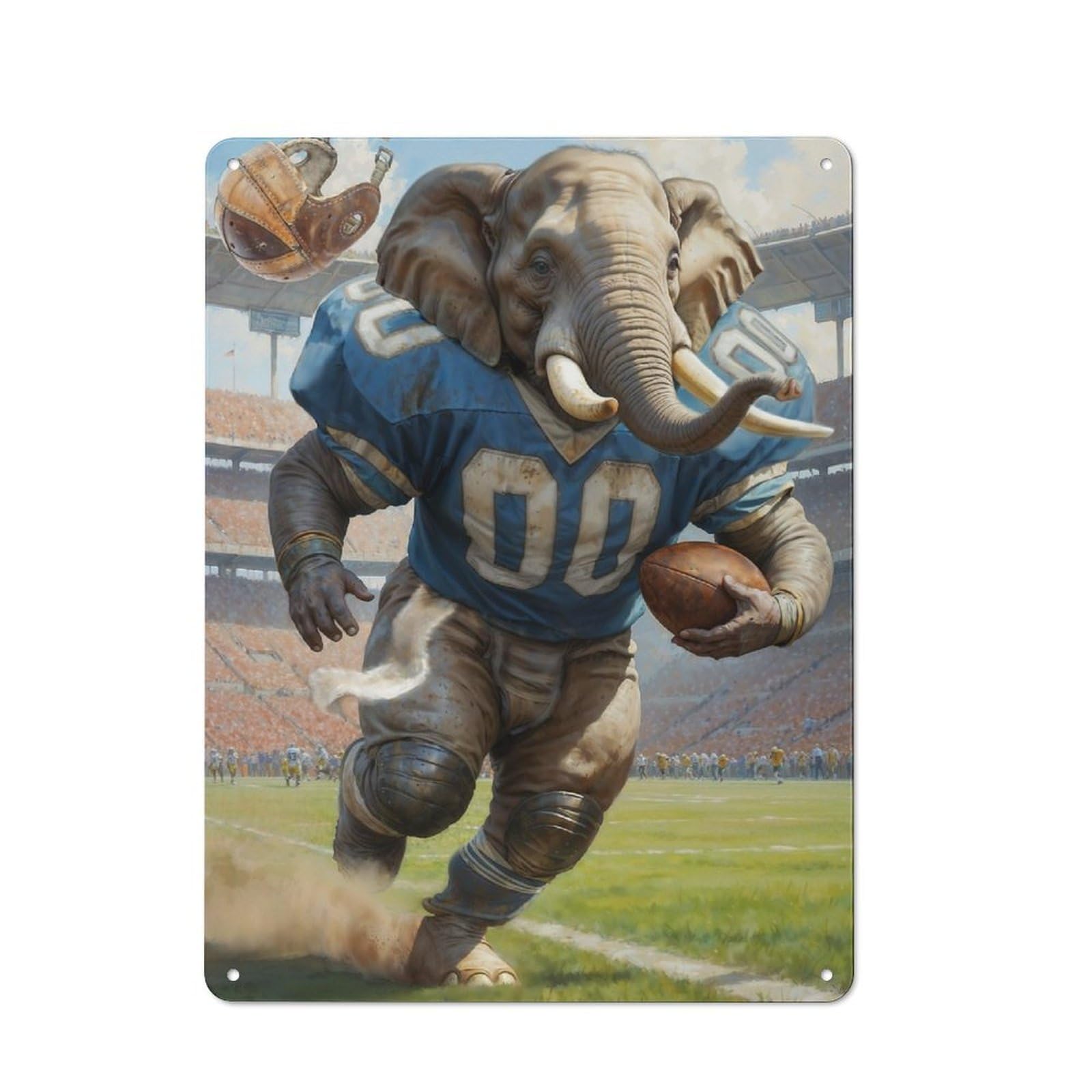 Gridiron Elephant Football Printed Tin Plaque, Small Wall Accent for Coffee Corner, Diner Or Kitchen Decor, 40x30cm