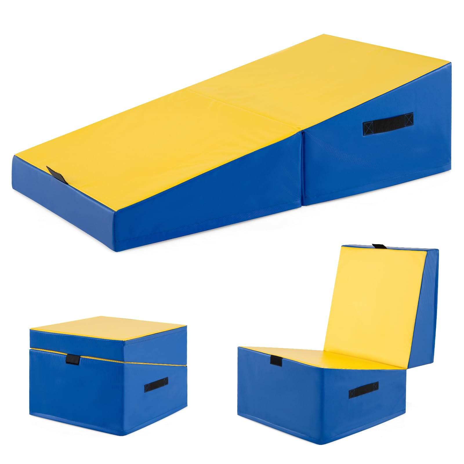 COSTWAY Large Foldable Incline Gymnastics Mat, Kids Cheese Wedge Skill Shape Fitness Tumbling Gym Yoga Mats, for Boys and Girls Home Training Aerobic Exercise (Yellow+Blue)