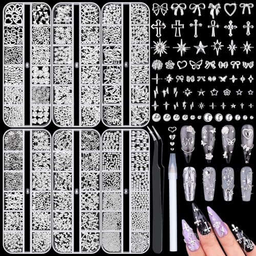 6 Boxes Silver Nail Charms with Nail Pearls 3D Star Cross Nail Art Studs Metal Starburst Flower Heart Nail Decorations Y2K Gold Bow Charms Caviar Beads for Women Nails DIY at Home & Salon Supplies