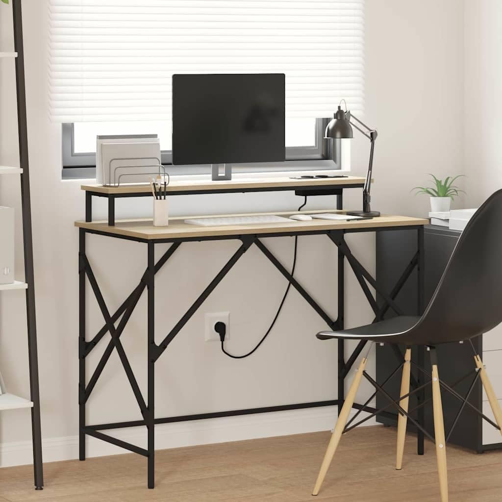 Scrivania 100 x 50 cm rovere Sonoma con LED RGB tavolo da gioco in legno e telaio in acciaio, piccolo computer desk moderno da ufficio con stazione di ricarica per casa, ufficio, camera dei