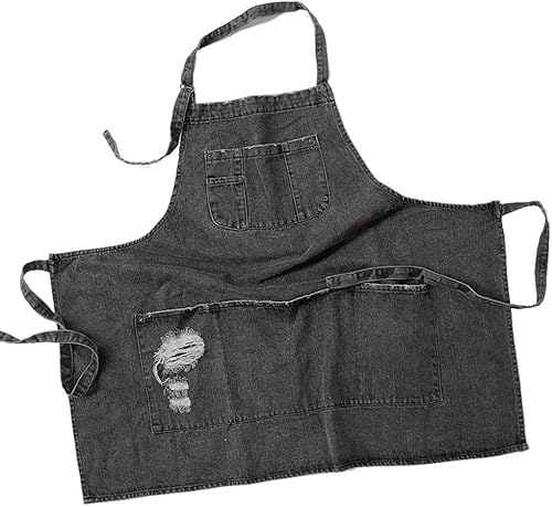 Miniatura 8 de Jowcud Cotton Adjustable Bib Apron with 5 Pockets Cooking Kitchen Aprons Women Men Denim Jean Apron for Cafes Bars Kitchens