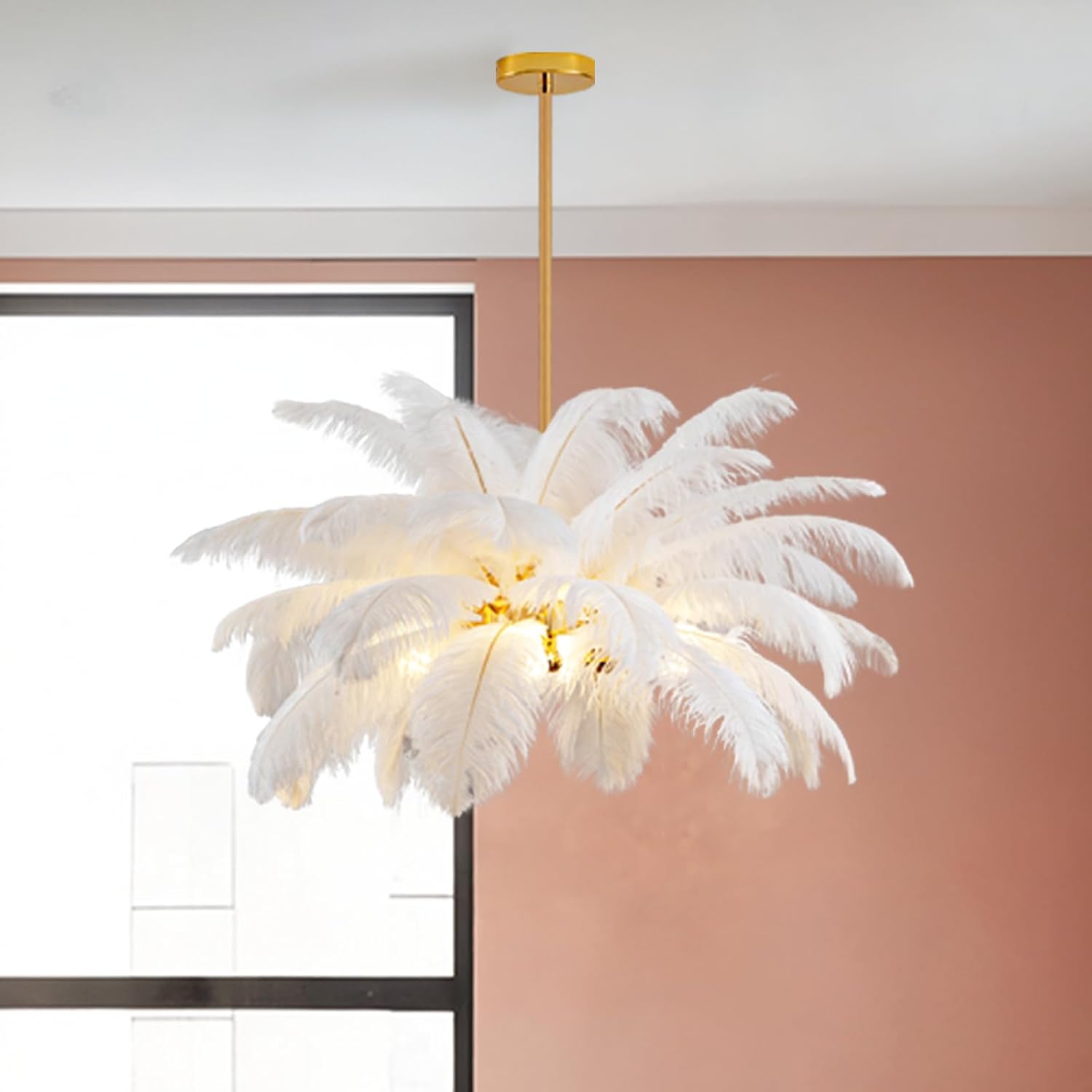 NZV Modern White Feather Chandelier Dining Room 24in Luxury Ostrich Feathers Chandeliers Light Fixture Nordic Pendant Lights Romantic Hanging Ceiling Lighting for Kitchen Island Living Room Girls Room