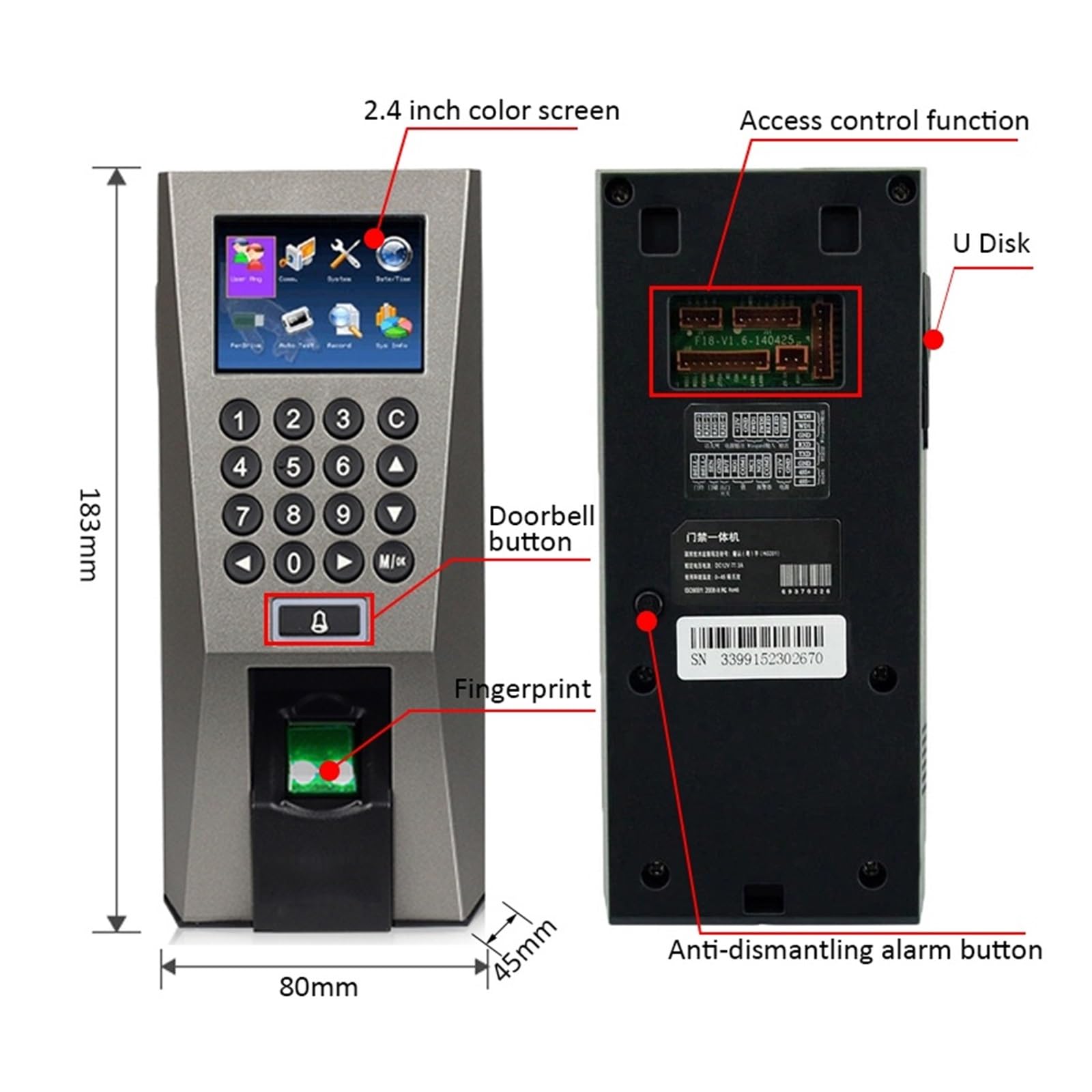 Stechuhren für Mitarbeiter, F18 USB TCP/IP biometrische Fingerabdruck-Anmeldeerkennung, Zugangskontroll-Maschinensystem, elektrisches Schloss, optionales WLAN(F18-ID)