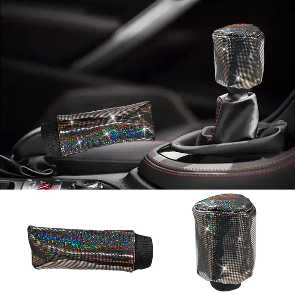 2PCS Car Hand Brake Cover and Gear Shift Knob Cover Bling Crystal Dustproof Handbrake Shifter Lever Protector Set