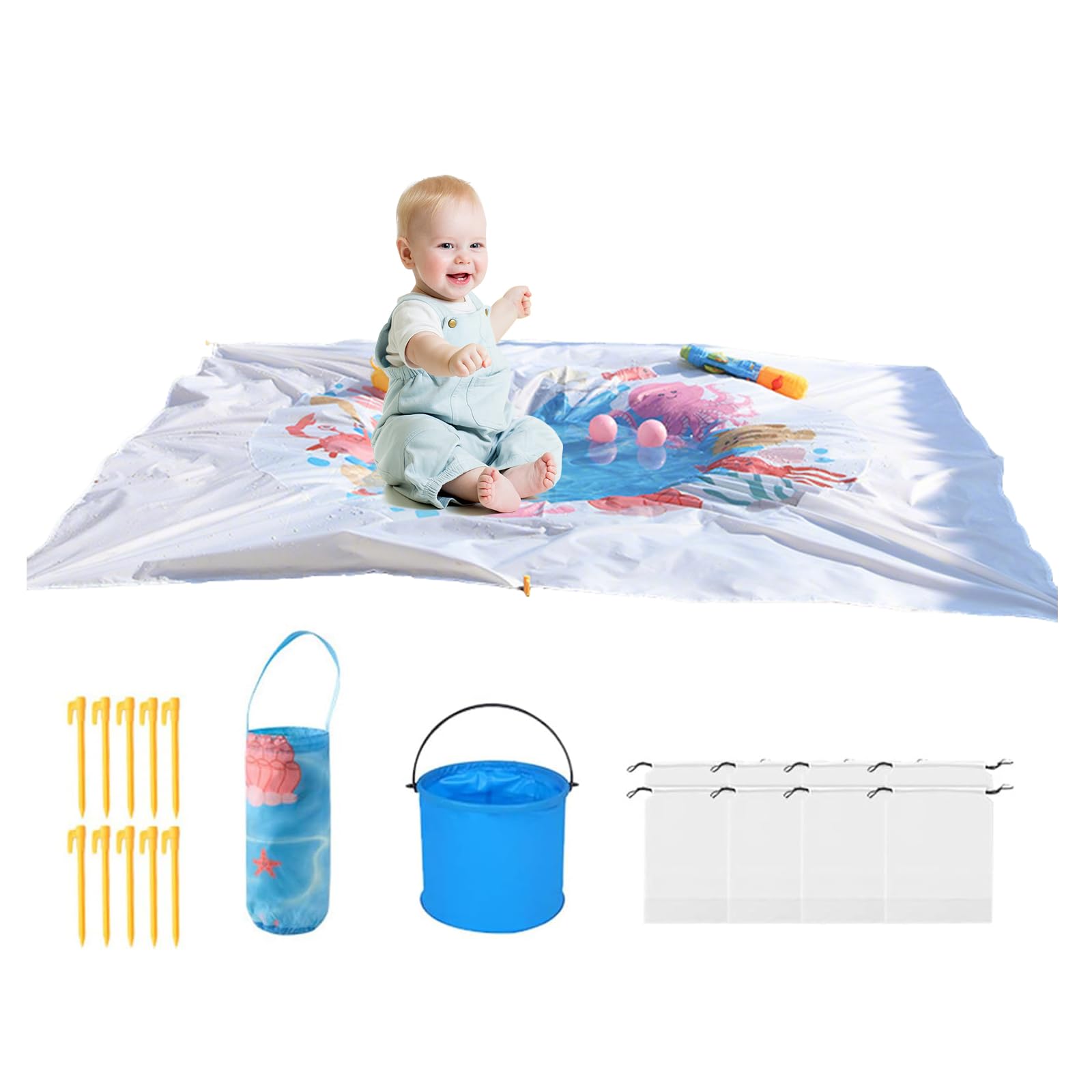 Baby Beach Pool, Portable Kids Beach Play Pool Puddle Toddler Beach Blanket and Kiddie Pools Blue Cartoon Childs Sand Pit Paddling Pools with Water Bag for Girl Boy Outdoor Camping (square:2m*2m)