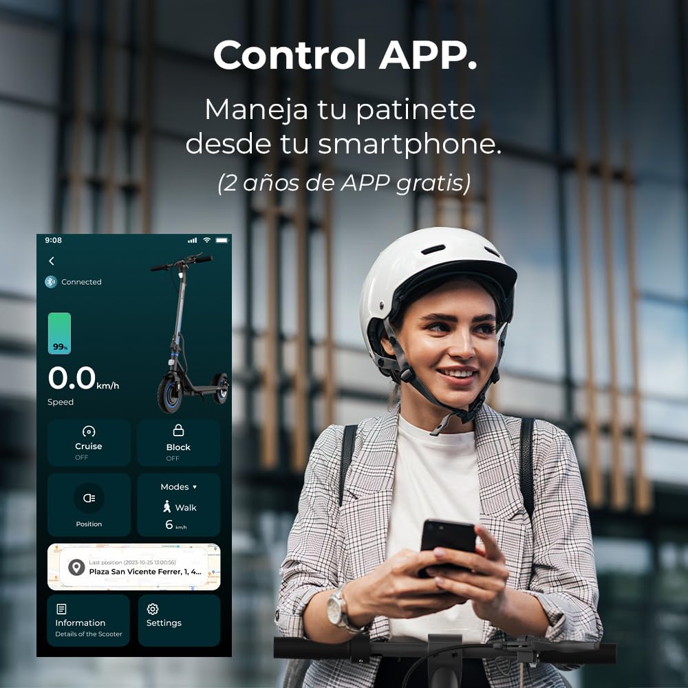 Cecotec Patinete Eléctrico Homologado con App Bongo D20 XL Connected. Potencia Máxima de 630W, Autonomía de hasta 20km, Ruedas de 10”, Supera Pendientes, Freno Delantero y Trasero