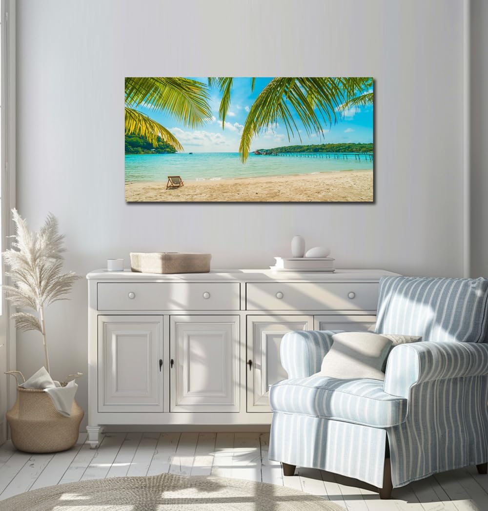 Beach Wall Art Decor Tropical Ocean Canvas Picture for Living Room Blue Seascape Painting for Bedroom Coastal Theme Landscape for Home Office Decorations Ready to Hang(20"*40") - Image 4
