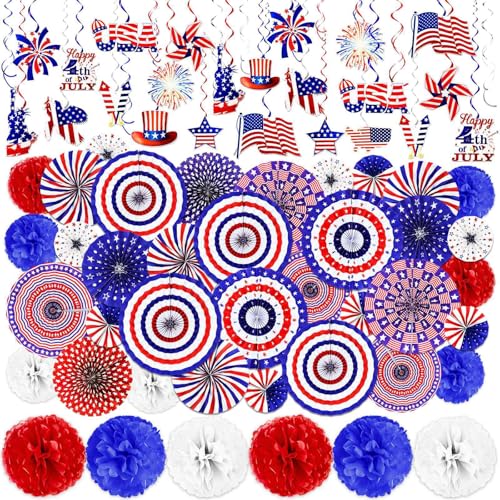 Image of AMENON 78 PCS 4th of July Decorations Set, Patriotic Paper Fans Decorations Red White Blue Hanging Paper Pom Poms Swirls Americans Flag Stars Stripes Party Supplies for Independence Day Indoor Decor