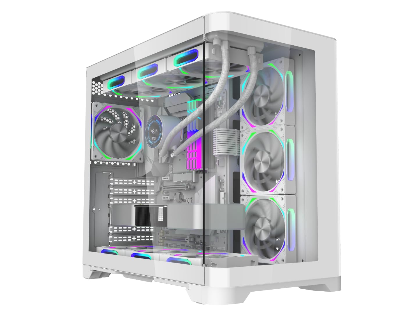 iONZ Estuche para juegos de PC ATX Mid Tower - Serie dinámica de doble cámara con 4 ventiladores ARGB PWM | Vidrio templado curvado | Flujo - Blanco