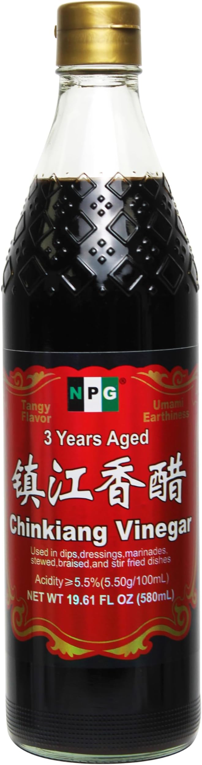 NPG Chinkiang Vinegar 19.61 Fl Oz (580ml), 3 Years Aged Zhenjiang Black Rice Vinegar, Naturally Brewed Chinese Black Vinegar For Dumplings, Xiao Long Bao, Sushi, Salad, Marinade, Stir Fry