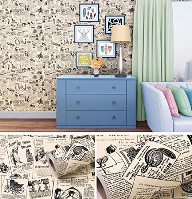 Self-Adhesive Vintage Newspapaer Wall Paper Drawer Shelf Liner for Kitchen Bathroom Cabinets Dresser Wall Crafts 17.7x117 Inches