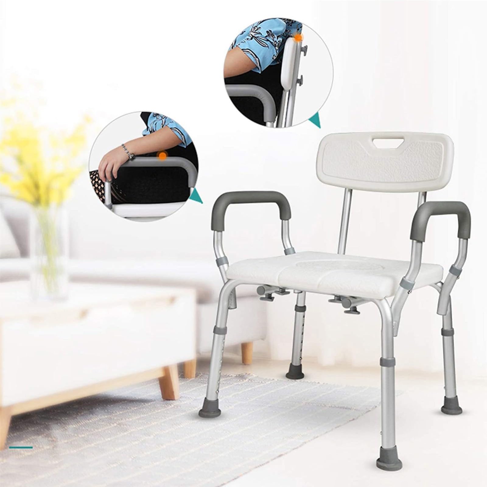 Silla De Baño con Inodoro, Silla De Ducha Altura Regulable con Respaldo Y Apoyabrazos Aguanta hasta 150 Kg Taburete De Ducha Antideslizante