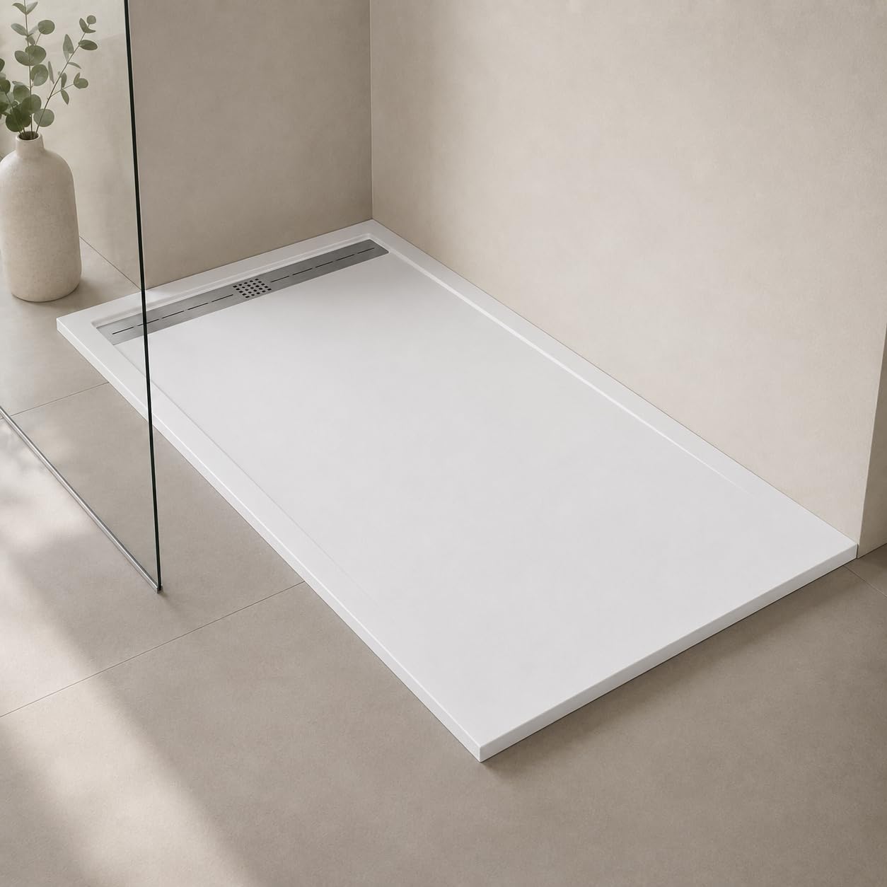 Plato de ducha resina FLOW desagüe lineal frontal color Blanco 80x80 textura liso antideslizante rejilla inox con válvula