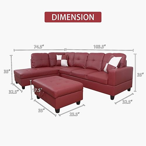 Miniatura 2 de Ponliving Furniture Modern L-Shaped Leather Sectional Sofa Left Hand Facing (Red)