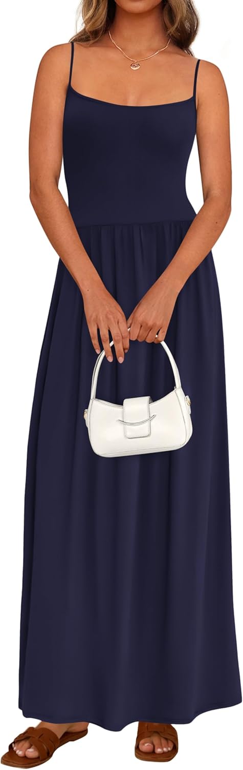 PRETTYGARDEN Womens Spaghetti Strap Maxi Dresses Sleeveless Summer Dress Long Casual Knit Flowy Beach Sundresses with Pockets