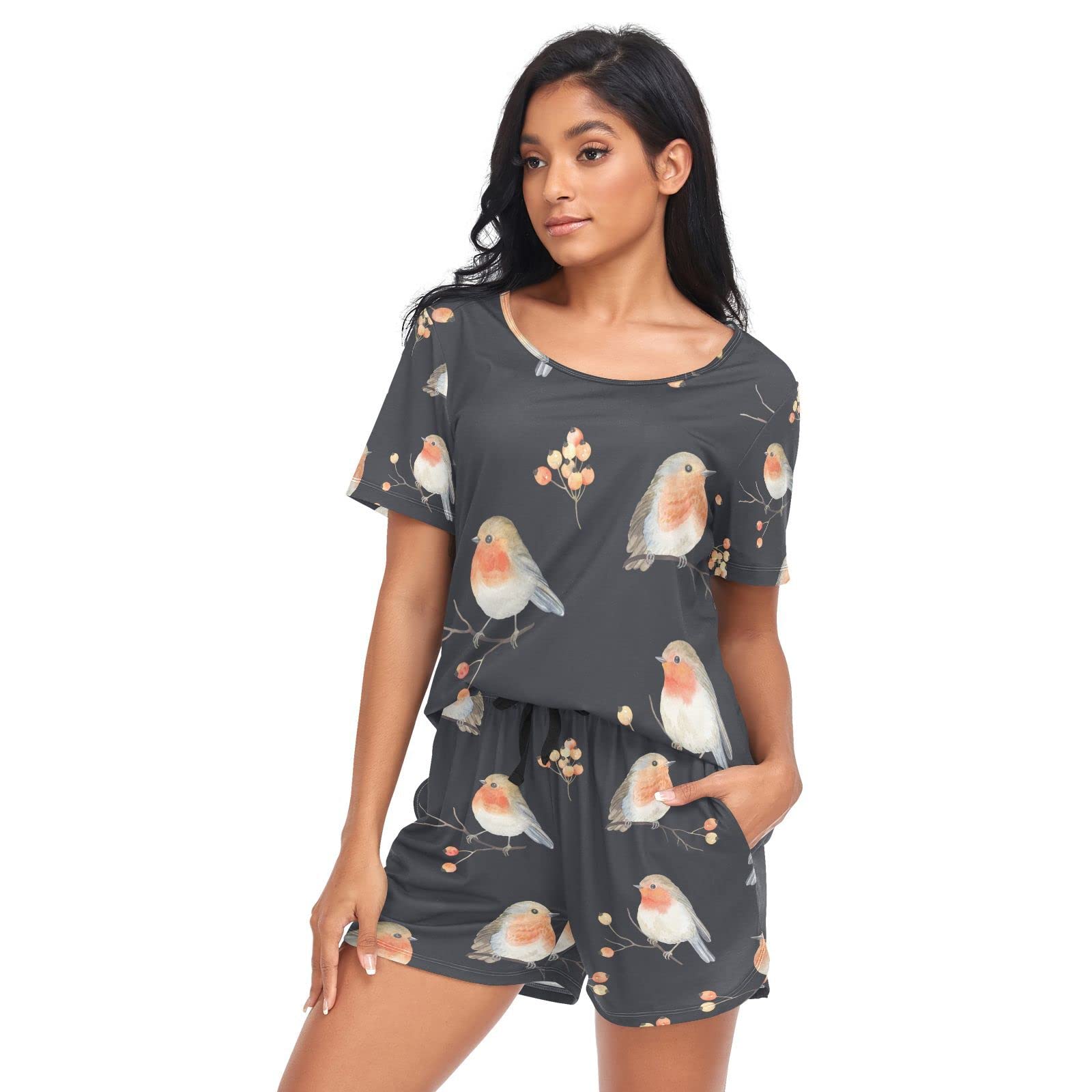 Youjuner Women's Multicolor Pyjamas Sets For Robin Bird Pattern Short Sleeve Sleepwear Summer Loungewear Set Pjs Nightwear Set