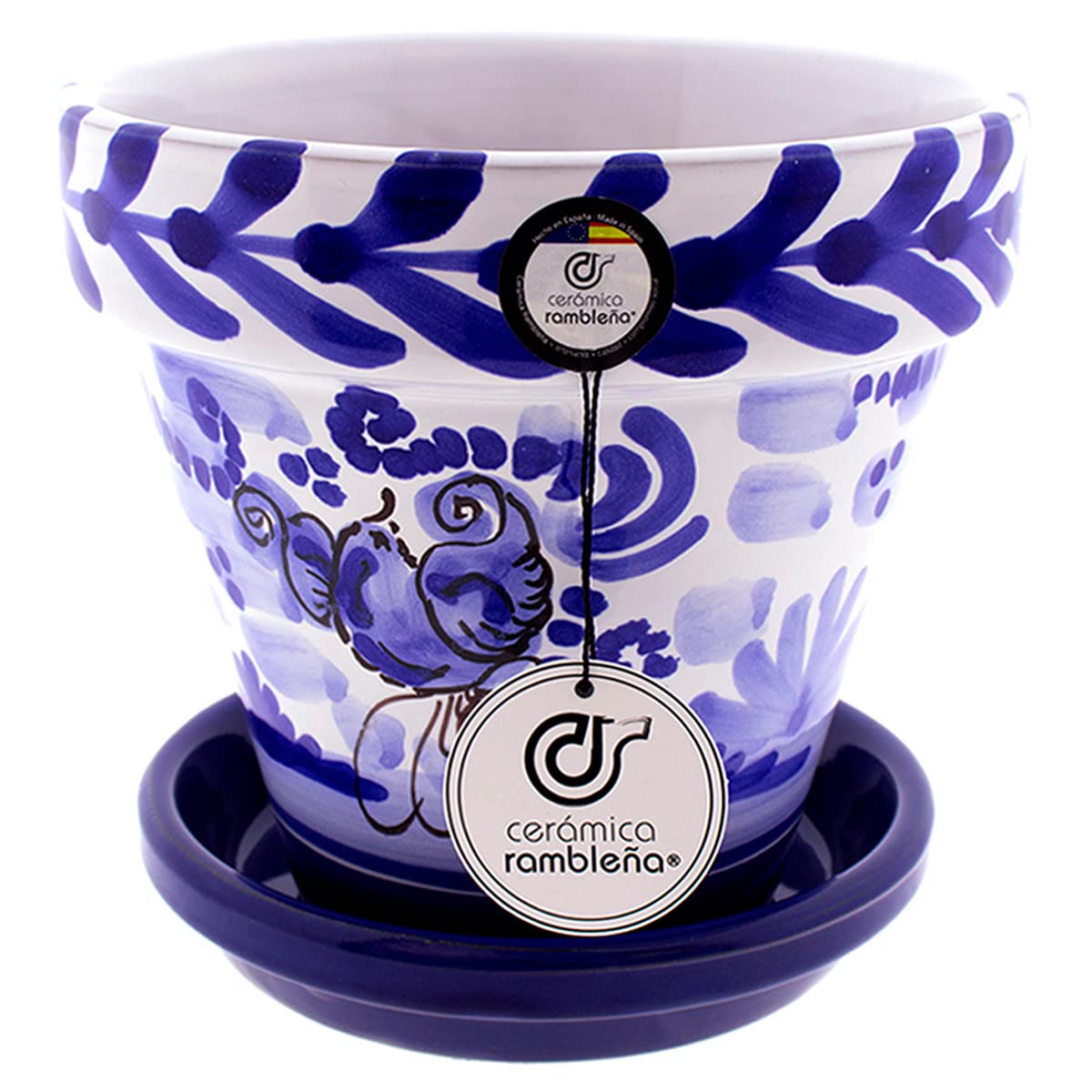 CERAMICZNA RAMBLEÑA | Garnki z czerwonego błota | Dekoracyjne doniczki | Doniczki ceramiczne | Doniczki zewnętrzne | Ozdobione Blue Mountain - D111 | 100% Ręcznie robione dekoracje | 20x20x19 cm | Talerz w zestawie