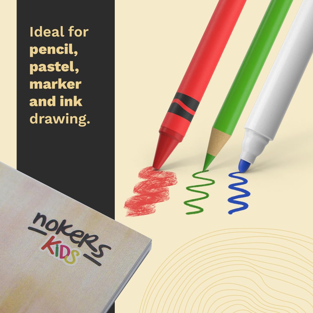 Nokers - Carnet de croquis A4 + spiral pour enfants, livre de dessin pour aquarelle, gouache, marque-pages | 20 feuilles | Olin Design Rough Paper 150 g | Party