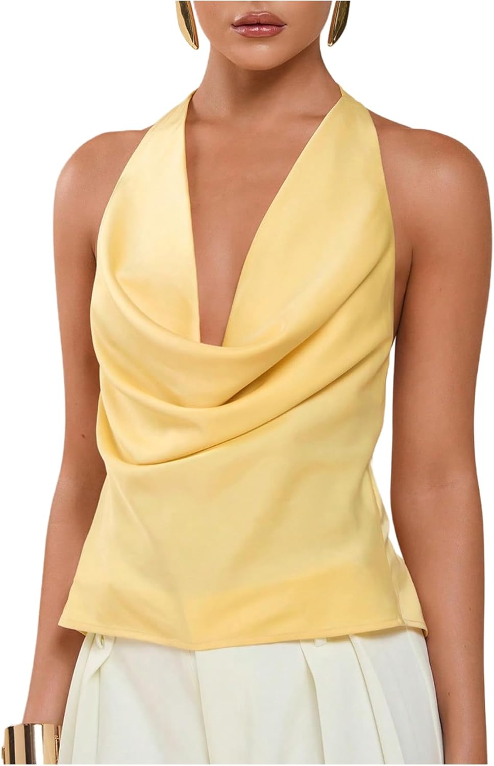 Floerns Women's Elegant Draped Front Halter Tops Tie Open Back Sleeveless Tank Top