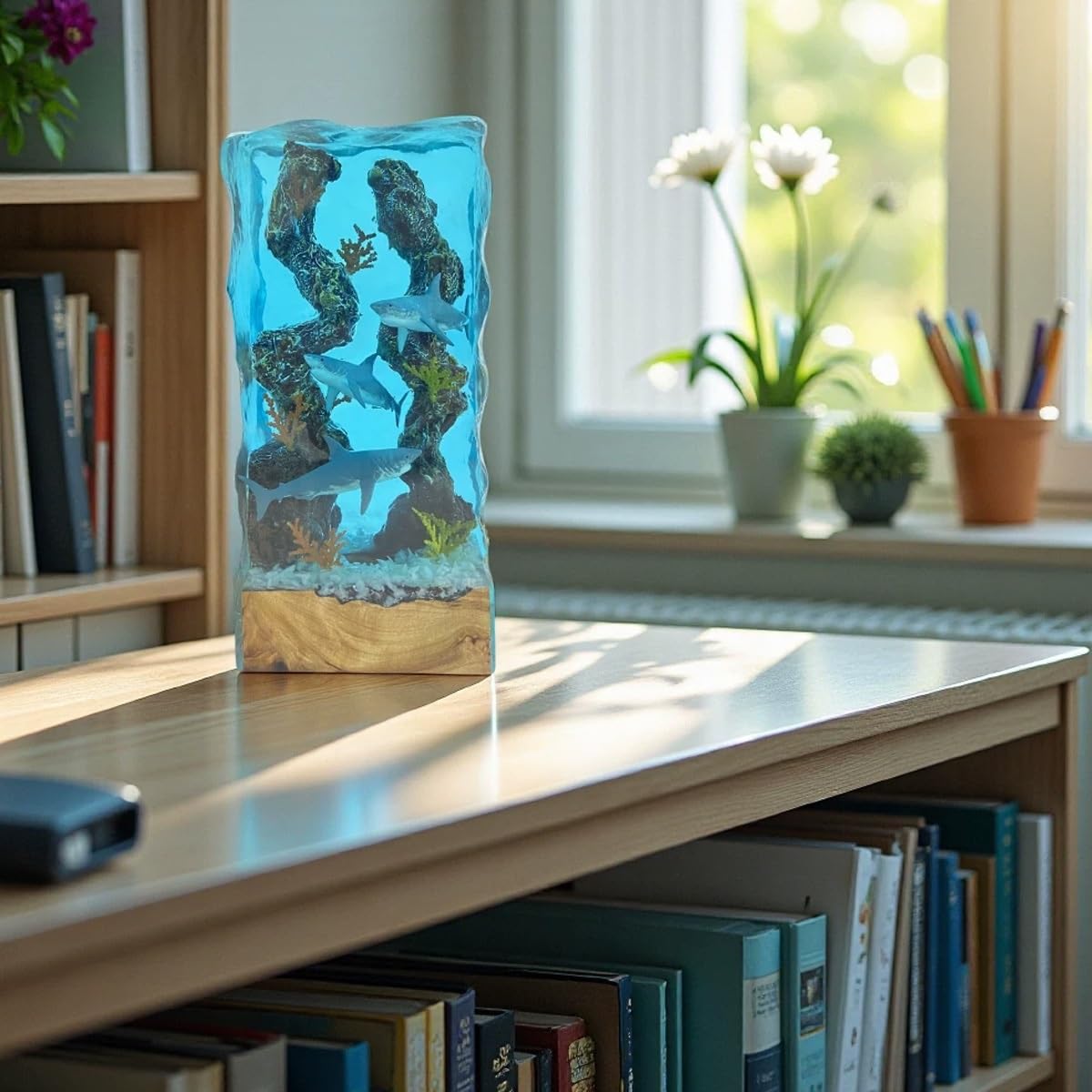 Lampada notturna resina 3D con squalo bianco e subacqueo, base legno RGB LED. Decorazione e regalo per gli amanti del mare