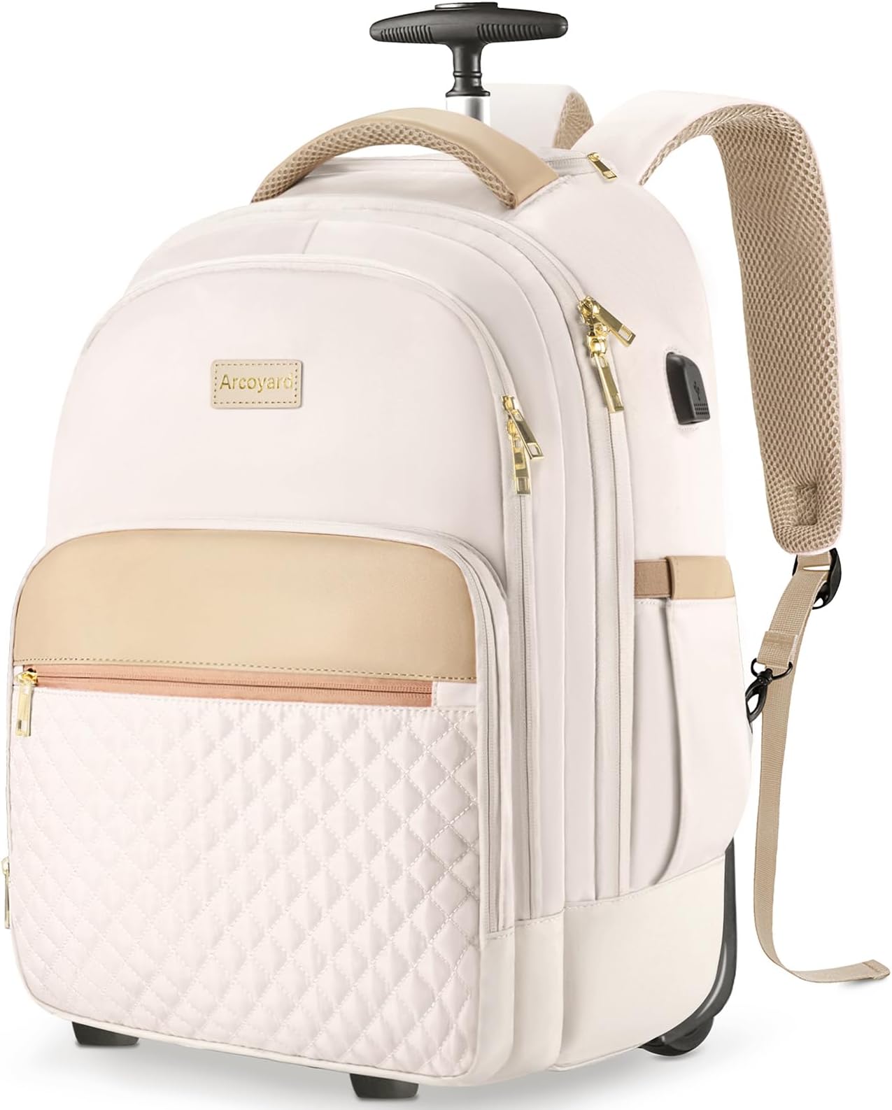 Rolling Backpack For Adults With Wheels, 40L Wheeled Backpack For Women, Travel Roller Backpack, Carry On Luggage, Rolling Bag, Beige